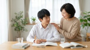 受験勉強をしている中3受験生を温かく見守り、そっと肩に手を置いてメンタルケアをする親御さんのイラスト（高校入試の親子関係・サポート法イメージ）