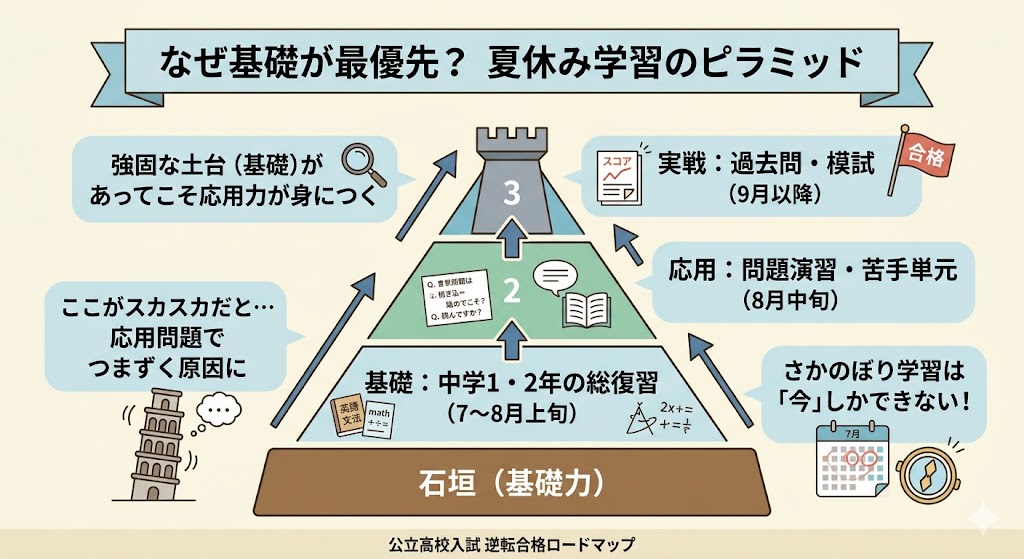 夏休みの学習ロードマップ:基礎から実戦までのピラミッド図解 夏休みの学習ロードマップ図解。基礎(中1・2の復習)、応用、実戦(過去問)の順に進めるピラミッド構造の説明図。