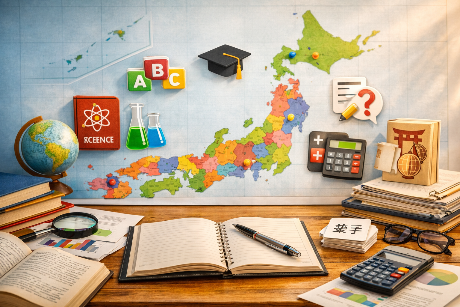 都道府県別公立高校入試の出題傾向を学ぶ学生のデスクのイメージ画像