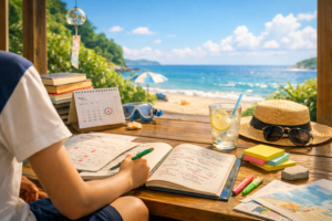 高校入試の夏休み対策に向けて勉強机で参考書を広げる受験生