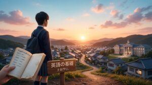 夕日を背景に、英語の単語帳を手にして立つ中学3年生の受験生のイラスト（夏休み前の英語の基礎固めのイメージ）