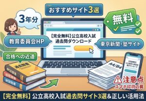 【完全無料】公立高校入試過去問ダウンロードサイト3選の解説記事アイキャッチ画像。パソコン、スマートフォン、市販の過去問問題集が並んでいるイラスト。