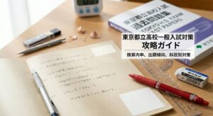 都立高校一般入試対策記事のアイキャッチ画像。学習机の上に置かれた赤いペン、消しゴム、定規、数式が書かれたノート、そして「東京都立高校一般入試対策 攻略ガイド 換算内申、出題傾向、科目別対策」という日本語の文字。