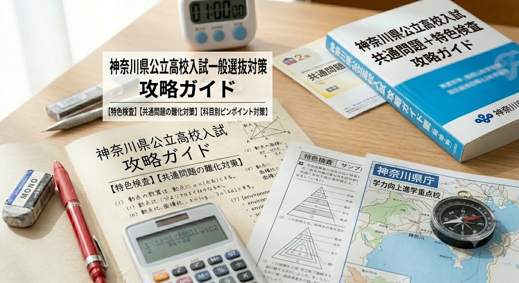 神奈川県公立高校一般入試対策のアイキャッチ画像。学習机の上に、赤いペン、消しゴム、定規、電卓、コンパス、神奈川県の地図、そして「【神奈川県公立高校入試】一般選抜の出題傾向と対策｜「共通問題の難化」と「特色検査」を乗り越える合格戦略」という日本語の文字が書かれたノートが置かれている。