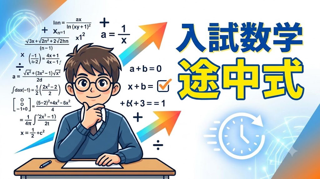 入試数学の途中式について考えるメガネをかけた男の子のイラスト
