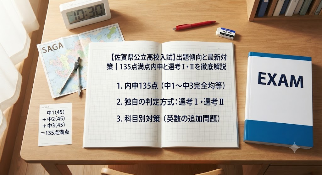 佐賀県公立高校入試対策のアイキャッチ画像。学習机の上に、赤いペン、消しゴム、定規、電卓、コンパス、佐賀県の地図、そして「【佐賀県公立高校入試】出題傾向と最新対策｜135点満点内申と選考Ⅰ・Ⅱを徹底解説」という日本語の文字が書かれたノートや参考書が置かれている。