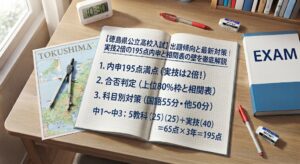 徳島県公立高校入試対策のアイキャッチ画像。学習机の上に、赤いペン、消しゴム、定規、電卓、コンパス、徳島県の地図、そして「【徳島県公立高校入試】出題傾向と最新対策｜実技2倍の195点内申と相関表の壁を徹底解説」という日本語の文字が書かれたノートや参考書が置かれている。