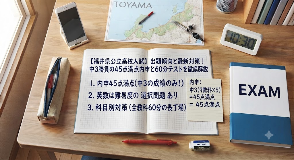 福井県公立高校入試対策のアイキャッチ画像。学習机の上に、赤いペン、消しゴム、定規、電卓、コンパス、福井県の地図、そして「【福井県公立高校入試】出題傾向と最新対策|中3勝負の45点満点内申と60分テストを徹底解説」という日本語の文字が書かれたノートや参考書が置かれている。