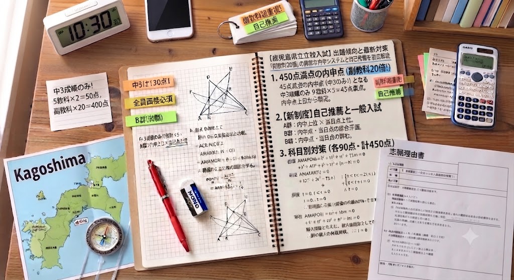 鹿児島県公立高校入試対策のアイキャッチ画像。学習机の上に、赤いペン、消しゴム、定規、電卓、コンパス、鹿児島県の地図、そして「【鹿児島県公立高校入試】出題傾向と最新対策|「副教科20倍」の異常な内申システムと自己推薦を徹底解説」という日本語の文字が書かれたノートや参考書が置かれている。