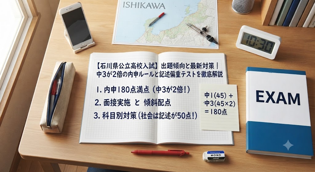 石川県公立高校入試対策のアイキャッチ画像。学習机の上に、赤いペン、消しゴム、定規、電卓、コンパス、石川県の地図、そして「【石川県公立高校入試】出題傾向と最新対策｜中3が2倍の内申ルールと記述偏重テストを徹底解説」という日本語の文字が書かれたノートや参考書が置かれている。