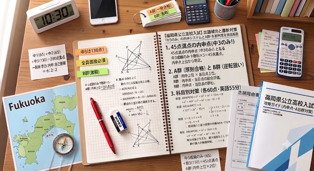 福岡県公立高校入試対策のアイキャッチ画像。学習机の上に、赤いペン、消しゴム、定規、電卓、コンパス、福岡県の地図、そして「【福岡県公立高校入試】出題傾向と最新対策｜「中3のみ」の内申システムとA群・B群判定を徹底解説」という日本語の文字が書かれたノートや参考書が置かれている。