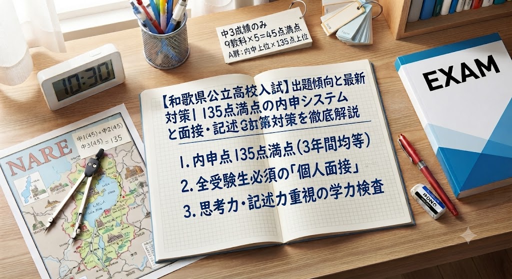 和歌山県公立高校入試対策のアイキャッチ画像。学習机の上に、赤いペン、消しゴム、定規、電卓、コンパス、和歌山県の地図、そして「【和歌山県公立高校入試】出題傾向と最新対策｜135点満点の内申システムと面接・記述対策を徹底解説」という日本語の文字が書かれたノートや参考書が置かれている。