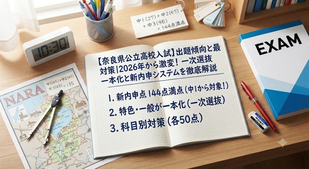 奈良県公立高校入試対策のアイキャッチ画像。学習机の上に、赤いペン、消しゴム、定規、電卓、コンパス、奈良県の地図、そして「【奈良県公立高校入試】出題傾向と最新対策|2026年から激変!一次選抜一本化と新内申システムを徹底解説」という日本語の文字が書かれたノートや参考書が置かれている。