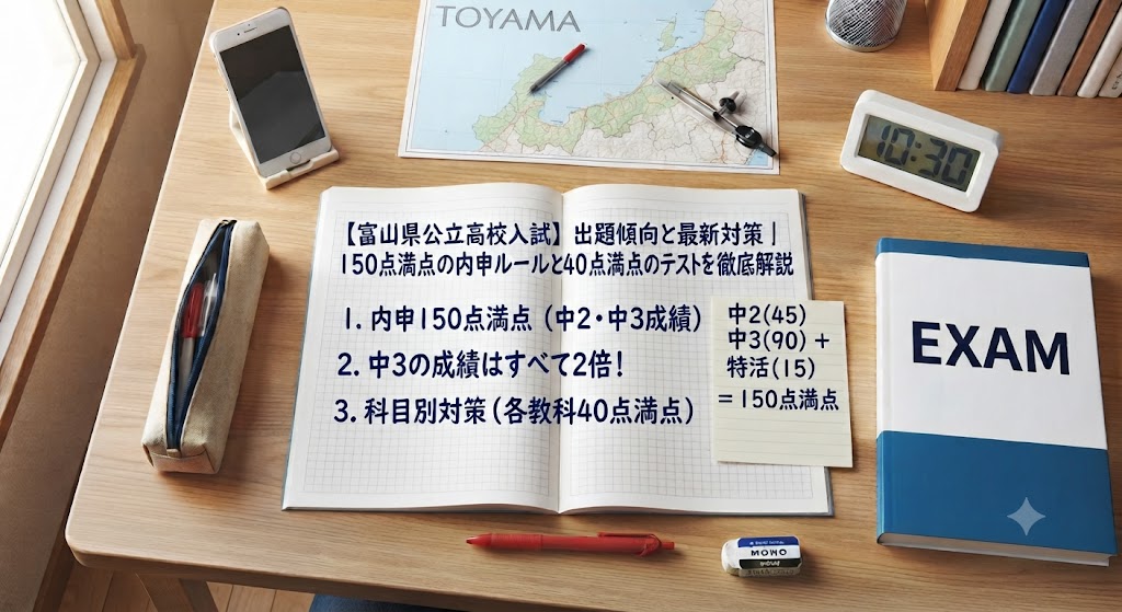 富山県公立高校入試対策のアイキャッチ画像。学習机の上に、赤いペン、消しゴム、定規、電卓、コンパス、富山県の地図、そして「【富山県公立高校入試】出題傾向と最新対策｜150点満点の内申ルールと40点満点のテストを徹底解説」という日本語の文字が書かれたノートや参考書が置かれている