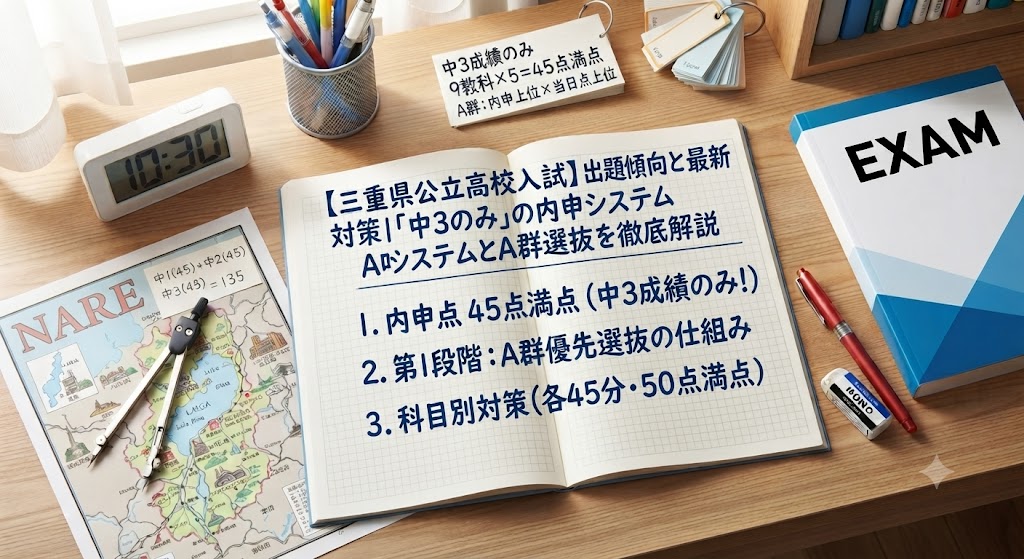 三重県公立高校入試対策のアイキャッチ画像。学習机の上に、赤いペン、消しゴム、定規、電卓、コンパス、三重県の地図、そして「【三重県公立高校入試】出題傾向と最新対策|「中3のみ」の内申システムとA群選抜を徹底解説」という日本語の文字が書かれたノートや参考書が置かれている。