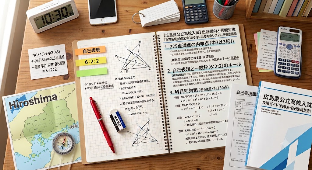 広島県公立高校入試対策のアイキャッチ画像。学習机の上に、赤いペン、消しゴム、定規、電卓、コンパス、広島県の地図、そして「【広島県公立高校入試】出題傾向と最新対策|「自己表現」の罠と中3が3倍になる内申システムを徹底解説」という日本語の文字が書かれたノートや参考書が置かれている。