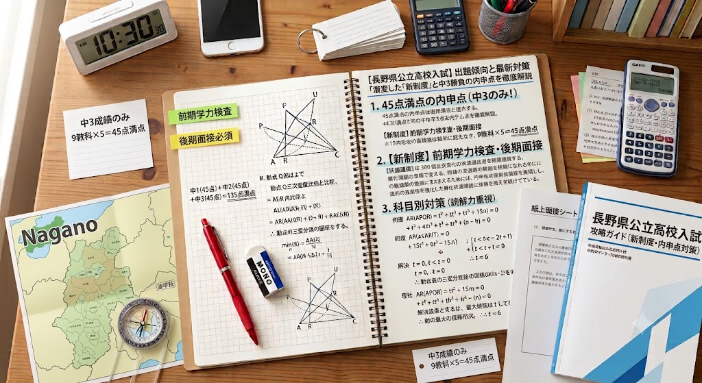 長野県公立高校入試対策のアイキャッチ画像。学習机の上に、赤いペン、消しゴム、定規、電卓、コンパス、長野県の地図、そして「【長野県公立高校入試】出題傾向と最新対策|激変した「新制度」と中3勝負の内申点を徹底解説」という日本語の文字が書かれたノートや参考書が置かれている。