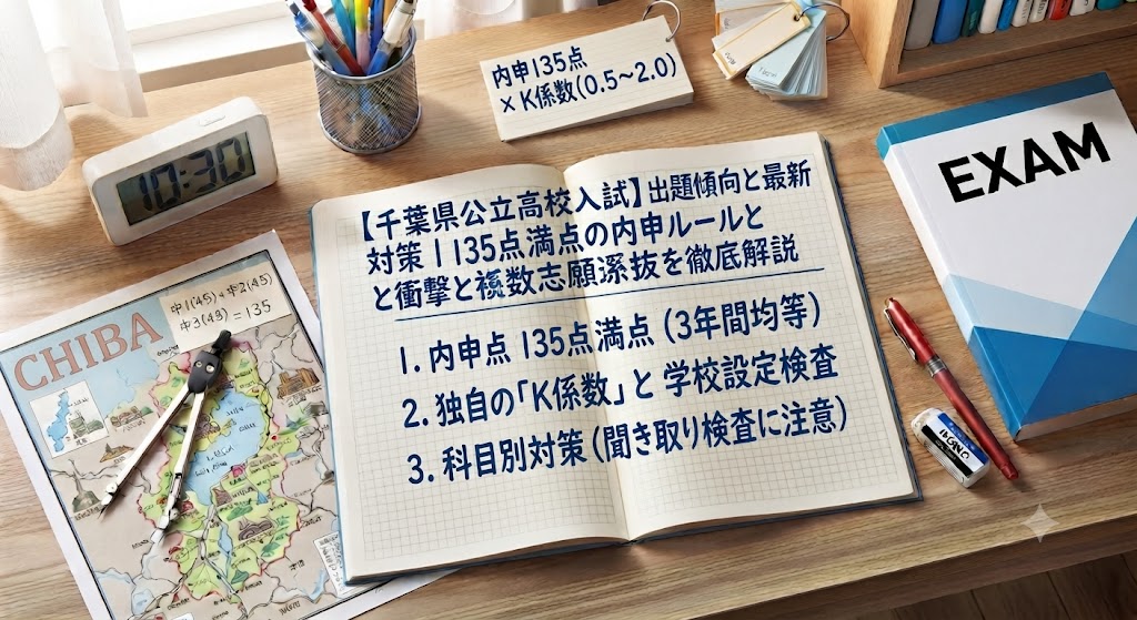 千葉県公立高校入試対策のアイキャッチ画像。学習机の上に、赤いペン、消しゴム、定規、電卓、コンパス、千葉県の地図、そして「【千葉県公立高校入試】出題傾向と最新対策｜135点満点の内申ルールとK係数を徹底解説」という日本語の文字が書かれたノートや参考書が置かれている。