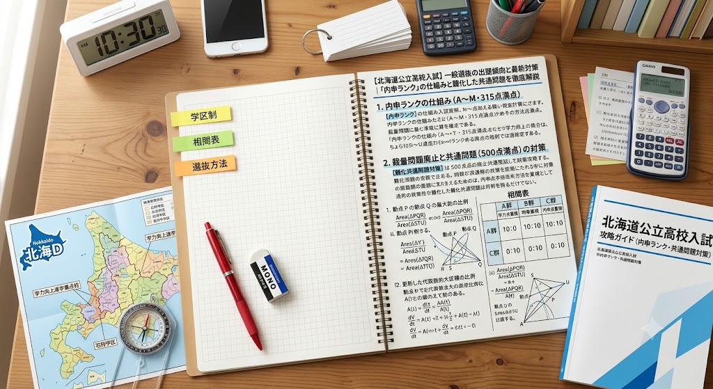 北海道公立高校一般入試対策のアイキャッチ画像。学習机の上に、赤いペン、消しゴム、定規、電卓、コンパス、北海道の地図、そして「【北海道公立高校入試】一般選抜の出題傾向と最新対策|「内申ランク」の仕組みと難化した共通問題を徹底解説」という日本語の文字が書かれたノートや、内申ランク、裁量問題廃止に関する対策メモが置かれている。