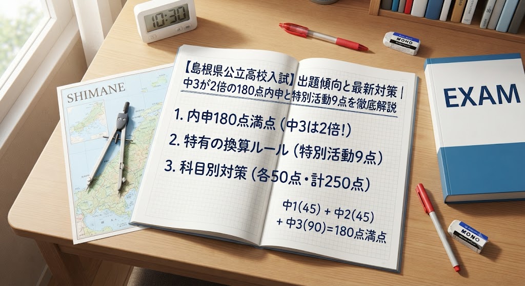 島根県公立高校入試対策のアイキャッチ画像。学習机の上に、赤いペン、消しゴム、定規、電卓、コンパス、島根県の地図、そして「【島根県公立高校入試】出題傾向と最新対策|中3が2倍の180点内申と特別活動9点を徹底解説」という日本語の文字が書かれたノートや参考書が置かれている。