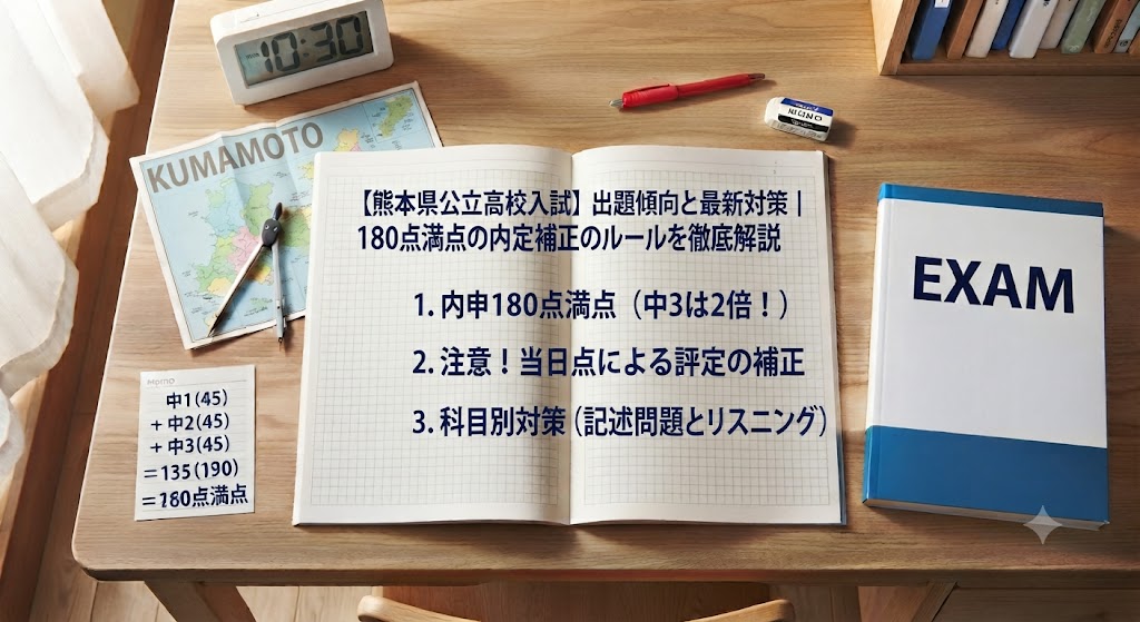 熊本県公立高校入試対策のアイアイキャッチ画像。学習机の上に、赤いペン、消しゴム、定規、電卓、コンパス、熊本県の地図、そして「【熊本県公立高校入試】出題傾向と最新対策|180点満点の内申点と評定補正のルールを徹底解説」という日本語の文字が書かれたノートや参考書が置かれている。