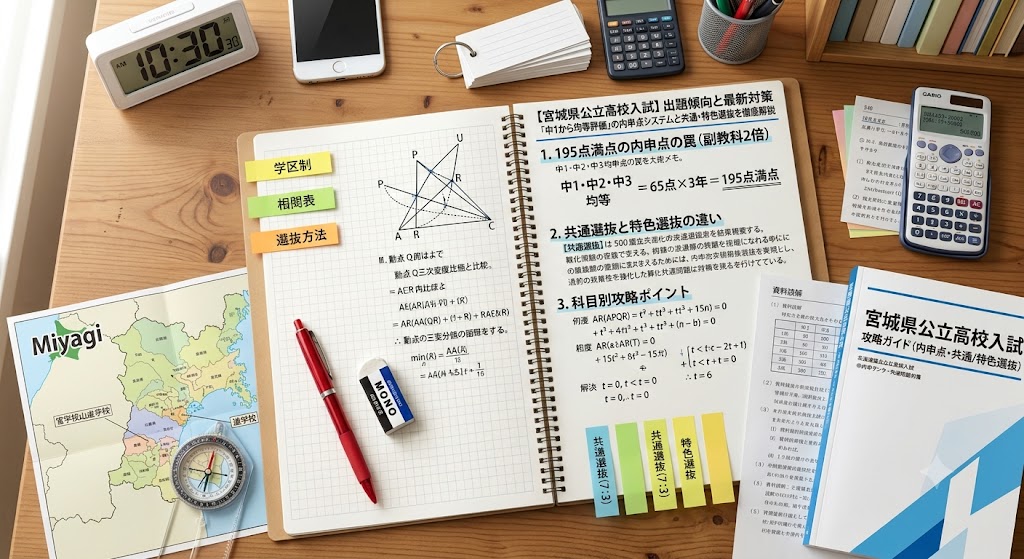 宮城県公立高校一般入試対策のアイキャッチ画像。学習机の上に、赤いペン、消しゴム、定規、電卓、コンパス、宮城県の地図、そして「【宮城県公立高校入試】出題傾向と最新対策｜「中1から均等評価」の内申点システムと共通・特色選抜を徹底解説」という日本語の文字が書かれたノートや参考書が置かれている。