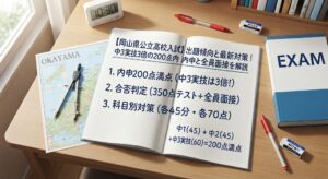 岡山県公立高校入試対策のアイキャッチ画像。学習机の上に、赤いペン、消しゴム、定規、電卓、コンパス、岡山県の地図、そして「【岡山県公立高校入試】出題傾向と最新対策｜中3実技3倍の200点内申と全員面接を解説」という日本語の文字が書かれたノートや参考書が置かれている。