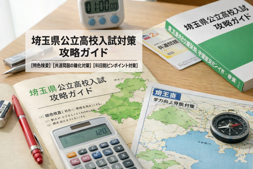 埼玉県公立高校一般入試対策のアイキャッチ画像。学習机の上に、ペン、消しゴム、定規、そして「埼玉県公立高校入試対策 攻略ガイド」という文字が書かれたノートや参考書が置かれている。