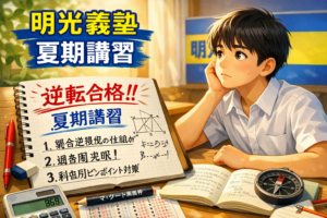 明光義塾の夏期講習を活用した公立高校入試・逆転合格のアイキャッチ画像。学習机の上に、赤いペン、消しゴム、定規、電卓、コンパス、「公立高校入試 逆転合格の地図 攻略ガイド｜明光義塾のコーチング」と書かれた参考書や、「逆転合格!! 夏期講習」と書かれた付箋が貼られたノートが置かれている。