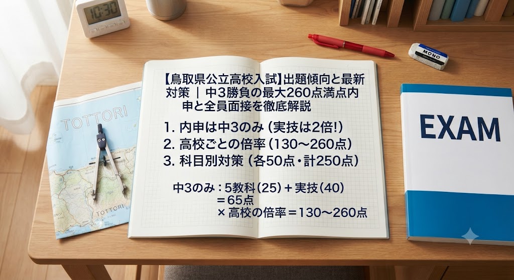鳥取県公立高校入試対策のアイキャッチ画像。学習机の上に、赤いペン、消しゴム、定規、電卓、コンパス、鳥取県の地図、そして「【鳥取県公立高校入試】出題傾向と最新対策|中3勝負の最大260点満点内申と全員面接を徹底解説」という日本語の文字が書かれたノートや参考書が置かれている。