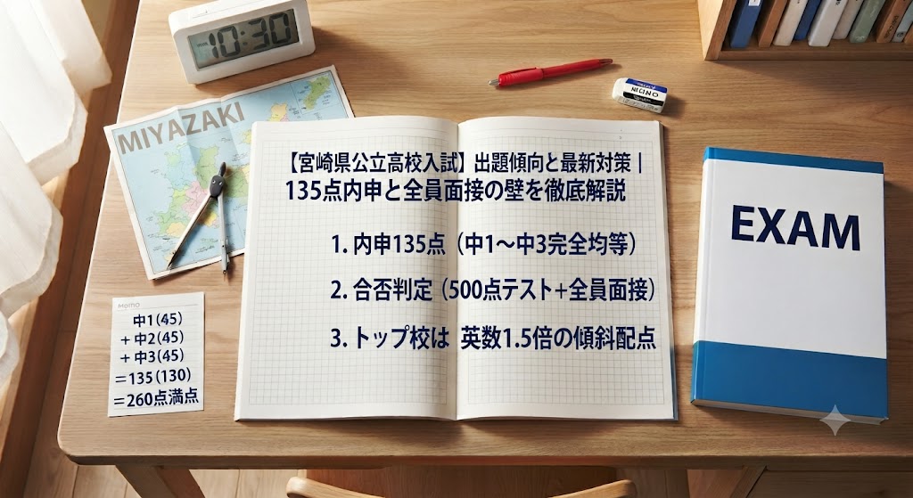 宮崎県公立高校入試対策のアイキャッチ画像。学習机の上に、赤いペン、消しゴム、定規、電卓、コンパス、宮崎県の地図、そして「【宮崎県公立高校入試】出題傾向と最新対策|135点内申と全員面接の壁を徹底解説」という日本語の文字が書かれたノートや参考書が置かれている。