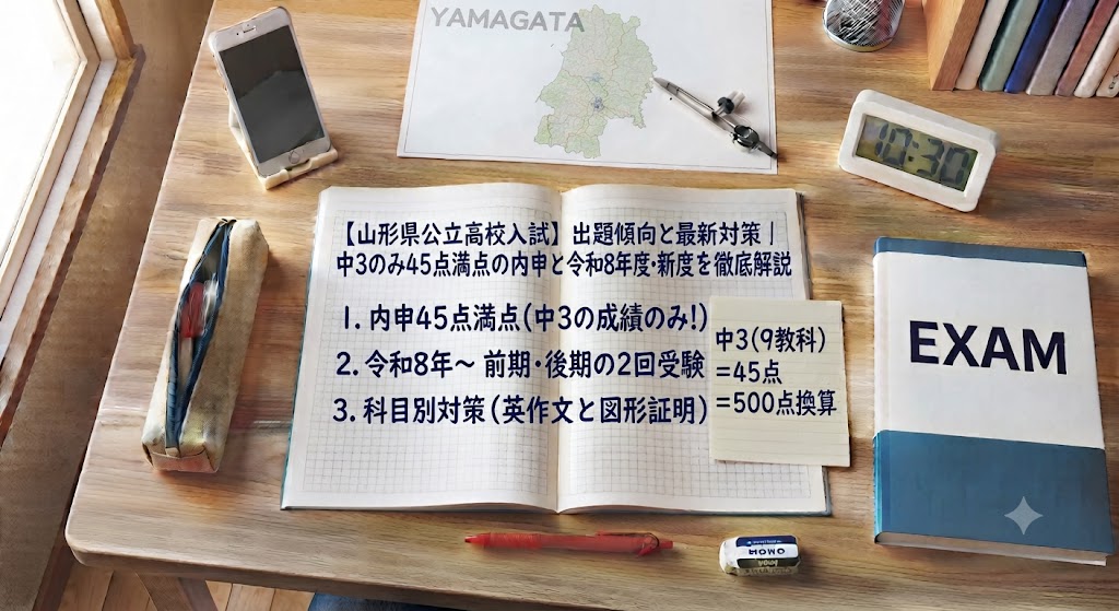 山形県公立高校入試対策のアイキャッチ画像。学習机の上に、赤いペン、消しゴム、定規、電卓、コンパス、山形県の地図、そして「【山形県公立高校入試】出題傾向と最新対策｜中3のみ45点満点の内申と令和8年度・新制度を徹底解説」という日本語の文字が書かれたノートや参考書が置かれている。