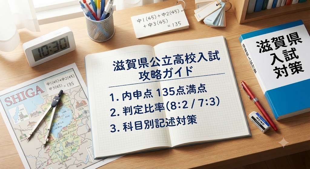 滋賀県公立高校入試対策のアイキャッチ画像。学習机の上に、コンパス、定規、電卓、滋賀県の地図、そして「滋賀県公立高校入試 攻略ガイド」「内申点 135点満点」「判定比率 (8:2 / 7:3)」と書かれたノートや参考書が置かれている。
