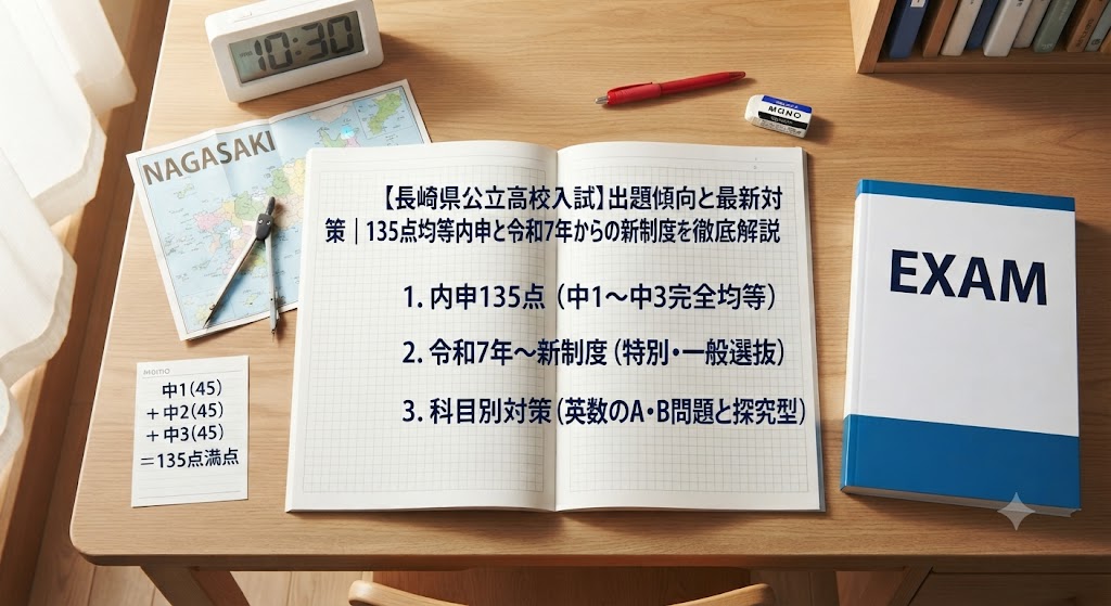 長崎県公立高校入試対策のアイキャッチ画像。学習机の上に、赤いペン、消しゴム、定規、電卓、コンパス、長崎県の地図、そして「【長崎県公立高校入試】出題傾向と最新対策|135点均等内申と令和7年からの新制度を徹底解説」という日本語の文字が書かれたノートや参考書が置かれている。