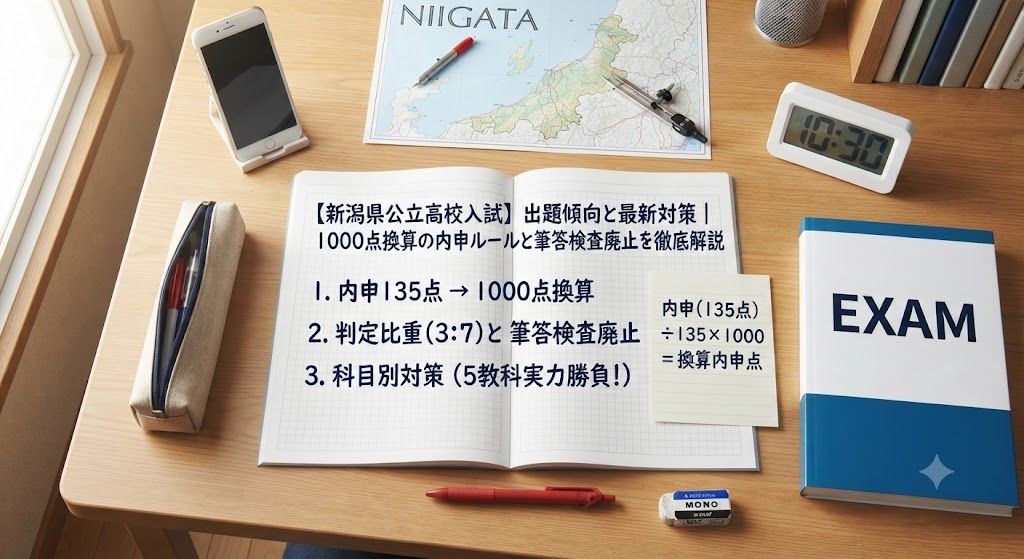 新潟県公立高校入試対策のアイキャッチ画像。学習机の上に、赤いペン、消しゴム、定規、電卓、コンパス、新潟県の地図、そして「【新潟県公立高校入試】出題傾向と最新対策|1000点換算の内申ルールと筆答検査廃止を徹底解説」という日本語の文字が書かれたノートや参考書が置かれている。