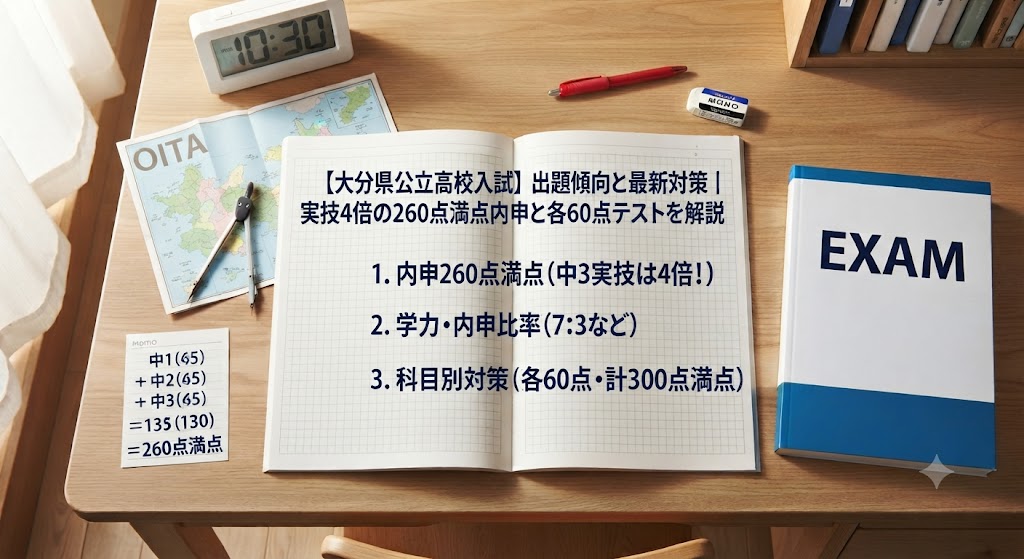 大分県公立高校入試対策のアイキャッチ画像。学習机の上に、赤いペン、消しゴム、定規、電卓、コンパス、大分県の地図、そして「【大分県公立高校入試】出題傾向と最新対策|実技4倍の260点満点内申と各60点テストを解説」という日本語の文字が書かれたノートや参考書が置かれている。