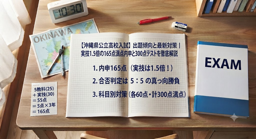 沖縄県公立高校入試対策のアイキャッチ画像。学習机の上に、赤いペン、消しゴム、定規、電卓、コンパス、沖縄県の地図、そして「【沖縄県公立高校入試】出題傾向と最新対策|実技1.5倍の165点満点内申と300点テストを徹底解説」という日本語の文字が書かれたノートや参考書が置かれている。