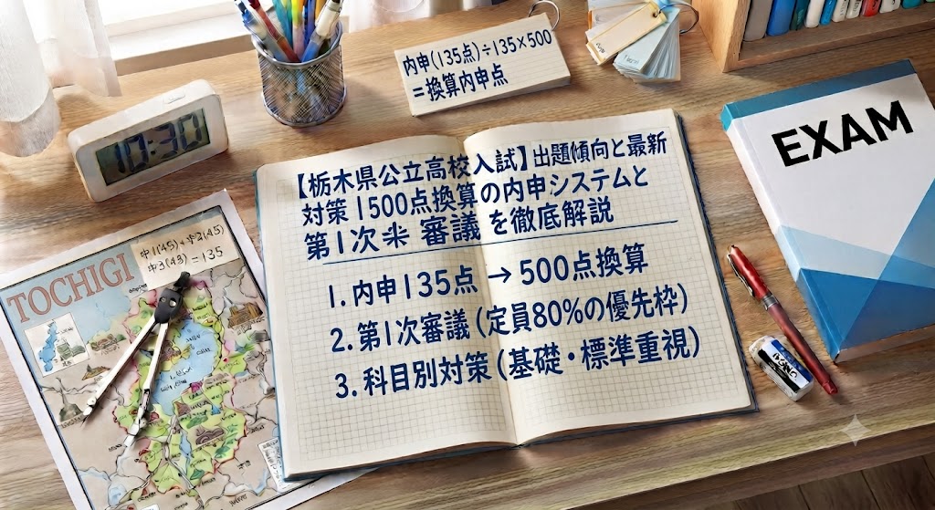 栃木県公立高校入試対策のアイキャッチ画像。学習机の上に、赤いペン、消しゴム、定規、電卓、コンパス、栃木県の地図、そして「【栃木県公立高校入試】出題傾向と最新対策|500点換算の内申システムと第1次審議を徹底解説」という日本語の文字が書かれたノートや参考書が置かれている。