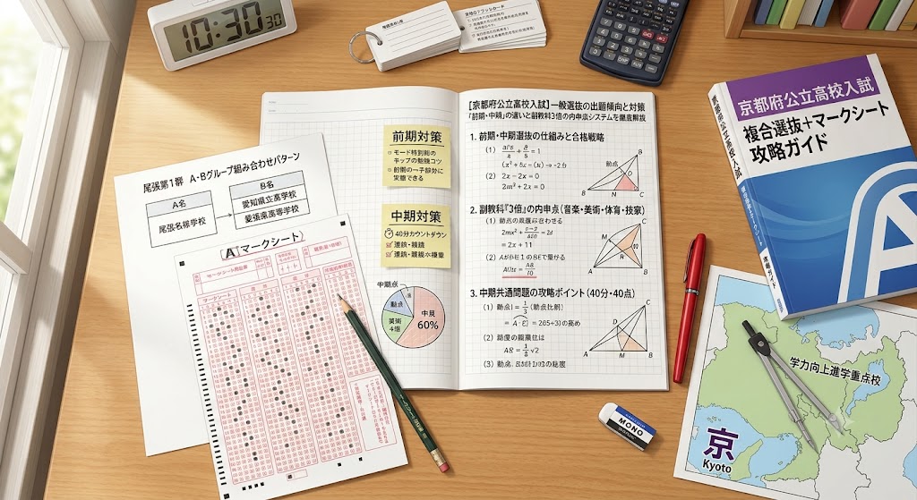 京都府公立高校一般入試対策のアイキャッチ画像。学習机の上に、赤いペン、消しゴム、定規、電卓、コンパス、京都府の地図、そして「【京都府公立高校入試】一般選抜の出題傾向と対策｜「前期・中期」の違いと副教科3倍の内申点システムを徹底解説」という日本語の文字が書かれたノートや、前期・中期の対策メモが置かれている。