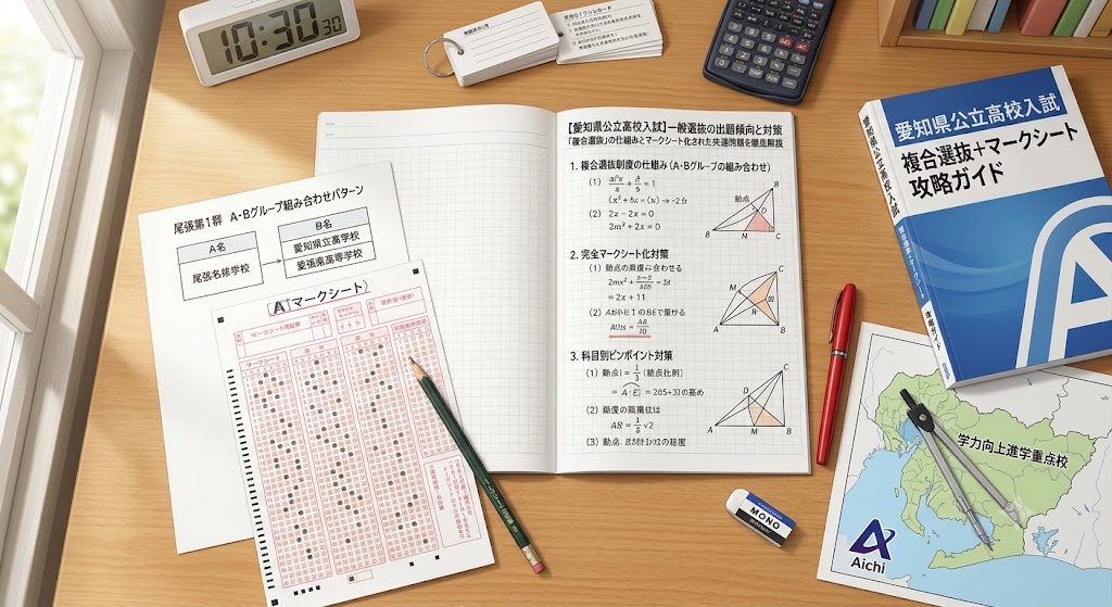 愛知県公立高校一般入試対策のアイキャッチ画像。学習机の上に、赤いペン、消しゴム、定規、電卓、コンパス、愛知県の地図、そして「【愛知県公立高校入試】一般選抜の出題傾向と対策|「複合選抜」の仕組みとマークシート化された共通問題を徹底解説」という日本語の文字が書かれたノートやマークシートが置かれている。