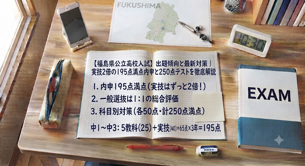 福島県公立高校入試対策のアイキャッチ画像。学習机の上に、赤いペン、消しゴム、定規、電卓、コンパス、福島県の地図、そして「【福島県公立高校入試】出題傾向と最新対策|実技2倍の195点満点内申と250点テストを徹底解説」という日本語の文字が書かれたノートや参考書が置かれている。