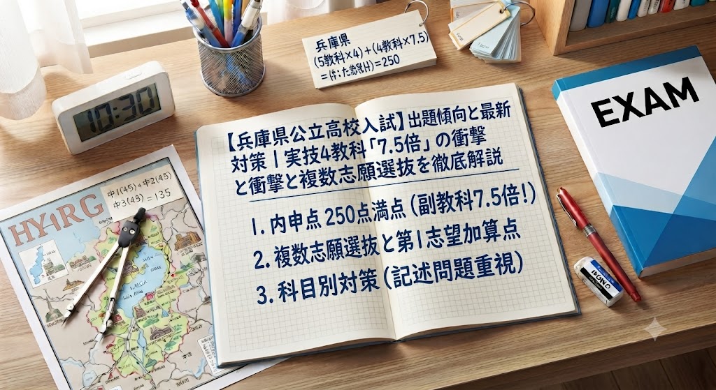 兵庫県公立高校入試対策のアイキャッチ画像。学習机の上に、赤いペン、消しゴム、定規、電卓、コンパス、兵庫県の地図、そして「【兵庫県公立高校入試】出題傾向と最新対策｜実技4教科「7.5倍」の衝撃と複数志願選抜を徹底解説」という日本語の文字が書かれたノートや参考書が置かれている。
