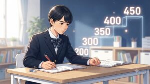 「目標得点別・公立高校入試攻略法。400点突破の秘訣は難問を捨てること！」の内容をイメージした、過去問演習をする中学生と目標点数の数字が描かれたアイキャッチ画像
