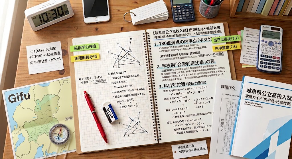 岐阜県公立高校入試対策のアイキャッチ画像。学習机の上に、赤いペン、消しゴム、定規、電卓、コンパス、岐阜県の地図、そして「【岐阜県公立高校入試】出題傾向と最新対策｜「中3が2倍」の180点満点内申システムと合否判定比率を徹底解説」という日本語の文字が書かれたノートや参考書が置かれている。