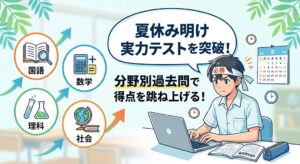 机で真剣に勉強する男子中学生と、国語・数学・理科・社会の4教科アイコン、および「夏休み明け実力テストを突破！分野別過去問で得点を跳ね上げる！」の文字デザイン