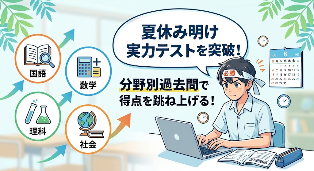 机で真剣に勉強する男子中学生と、国語・数学・理科・社会の4教科アイコン、および「夏休み明け実力テストを突破！分野別過去問で得点を跳ね上げる！」の文字デザイン